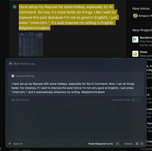 The image displays a screenshot of a Raycast interface showcasing a task related to improving writing using hotkeys.