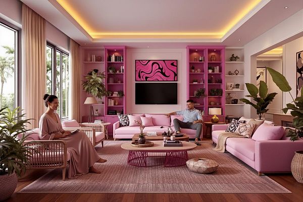 A stylish and modern living room featuring pink furniture and decor, with a woman and a man seated comfortably.