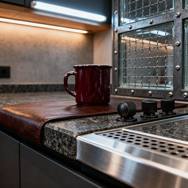 Close-up of an industrial-style kitchen shows a speckled dark granite countertop beside a stainless-steel appliance edge with a perforated plate and three knurled black control knobs, while a riveted metal frame holds wired glass panes next to a concrete-look backsplash and matte charcoal cabinetry. Under-cabinet LED strips cast warm and cool light across the surfaces, and a brown leather counter pad with a deep burgundy mug sits on the worktop.