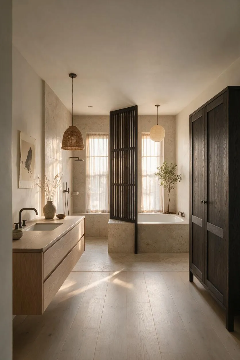 A serene master bathroom in Japandi style with a floating wood vanity, stone floor and wall finishes, a freestanding tub behind a dark slatted wood screen, and tall windows with sheer curtains. Pendant lights, a woven shade, and minimal decor add warmth and texture.