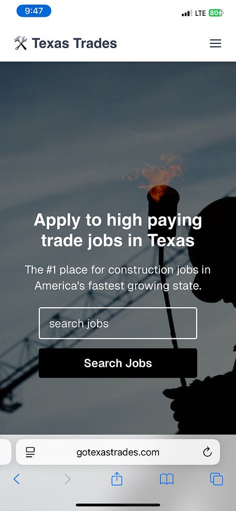 The image displays a mobile webpage for Texas Trades, promoting high-paying trade jobs in Texas.