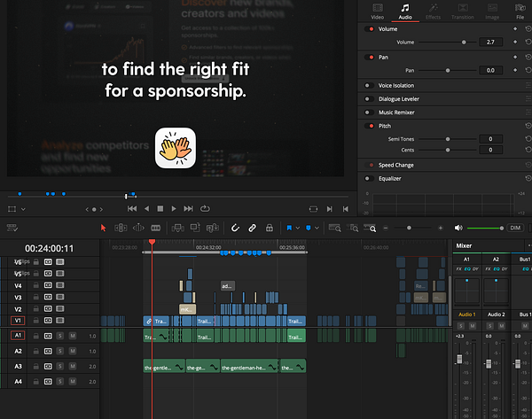 The image displays a video editing interface with a timeline and audio mixer, featuring text about finding the right fit for sponsorship.