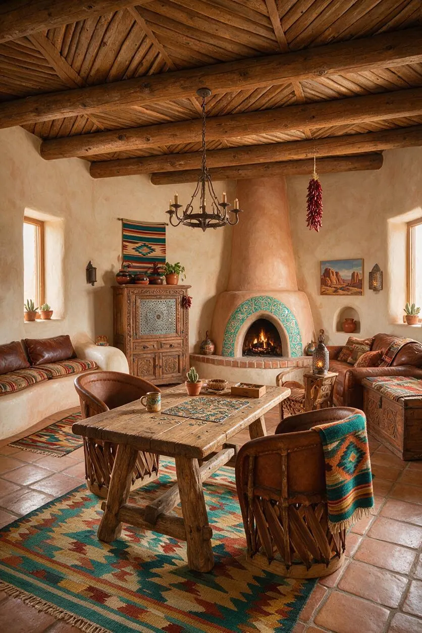 A cozy Southwestern-style game room with a carved wood ceiling, plaster walls, and a curved kiva fireplace with turquoise tile. The room includes a rustic wooden table, leather chairs, built-in benches, patterned rugs, and warm earth-toned decor with natural light from small windows.