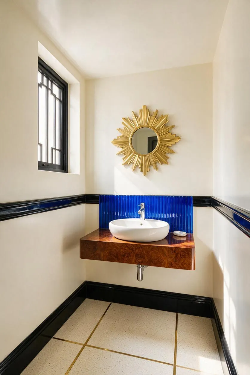 A compact powder room with cream walls, black trim, and a striking gold sunburst mirror centered above a floating wood vanity. The vanity has a white vessel sink and a cobalt blue ribbed backsplash, with a black-framed window on the left and a light terrazzo-style floor with gold inlay lines below.