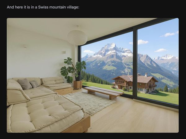A modern living room with a stunning view of Swiss mountains and a traditional chalet.