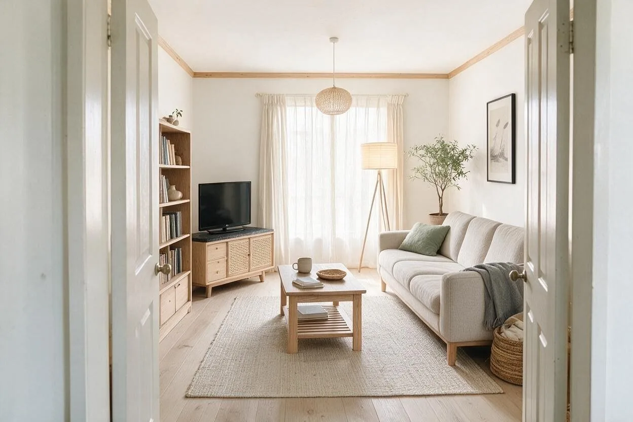 The same Japandi living room in the Ash and Ink palette: warm white, stone, pale ash, ink black, and moss