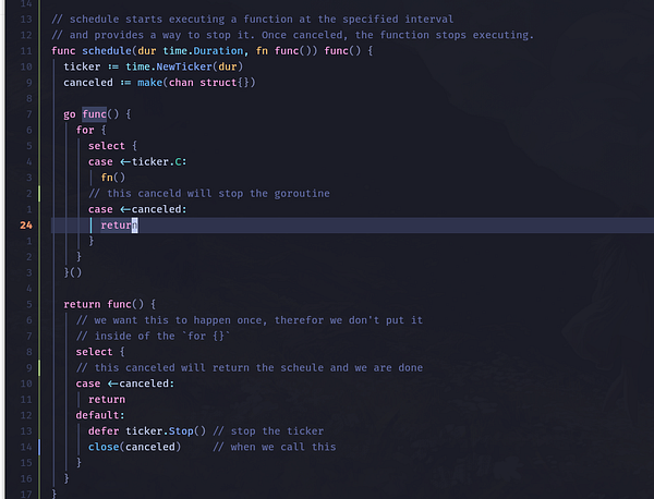 The image displays a code snippet in a programming environment focused on concurrency in Go.