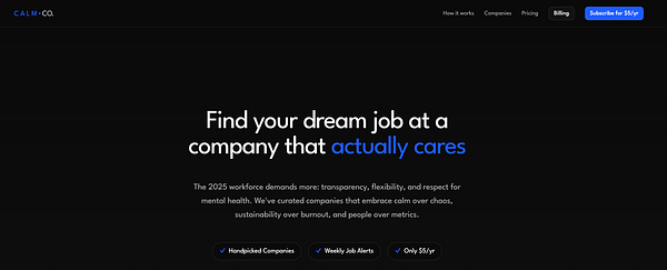 The image displays a website interface for CALM CO., focusing on job opportunities at companies that prioritize mental health.
