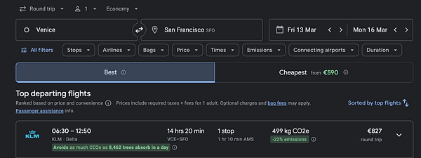 A screenshot of a flight booking or search interface showing multiple flight options from San Francisco to New York with prices and flight details.