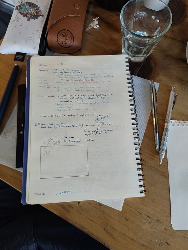 A notebook filled with handwritten notes and sketches related to interface design, accompanied by various stationery items on a wooden table.