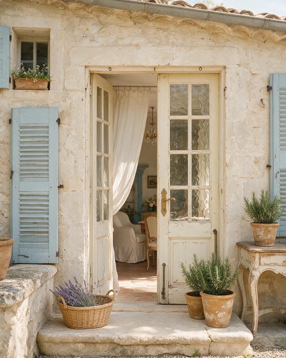 A rustic French Country exterior with a weathered stone facade, pale blue wooden shutters, and a cream-painted glass-paneled door standing open. Terracotta pots, a woven basket of lavender, and soft natural light create a charming, lived-in entrance leading into a cozy interior.
