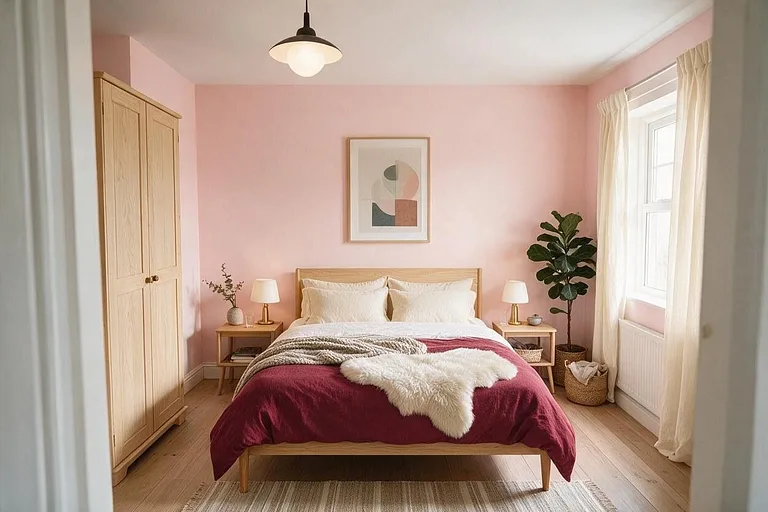 A Scandinavian bedroom in the Burgundy and Blush palette: blush, burgundy, cream, light oak, and brass