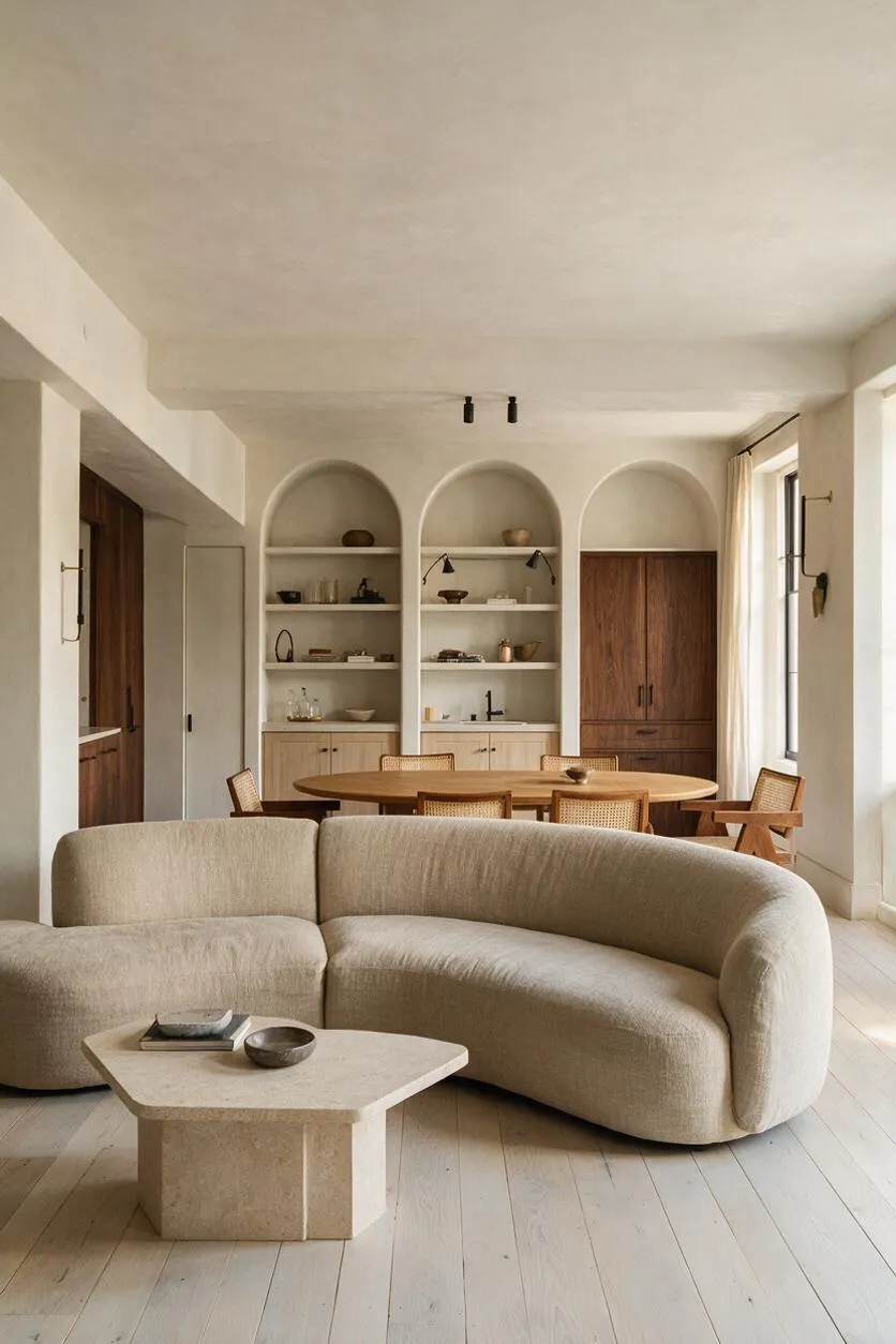 A studio apartment with an organic modern layout featuring a curved beige sofa in the foreground, a stone coffee table, and a round wooden dining table behind it. Built-in arched shelving, warm wood cabinetry, and creamy plaster walls create a calm, natural interior filled with soft daylight.