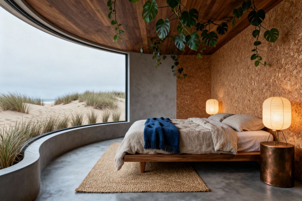 A biophilic bedroom with a sweeping curved picture window overlooking coastal sand dunes and grasses. Inside, a low walnut platform bed with flax-colored linen and a deep blue throw sits on a jute rug over polished concrete floors. One wall is clad in cork, the ceiling is lined with walnut, and a trailing vine drapes overhead. Warm paper lantern lamps and a bronzed round side table add soft, ambient light.