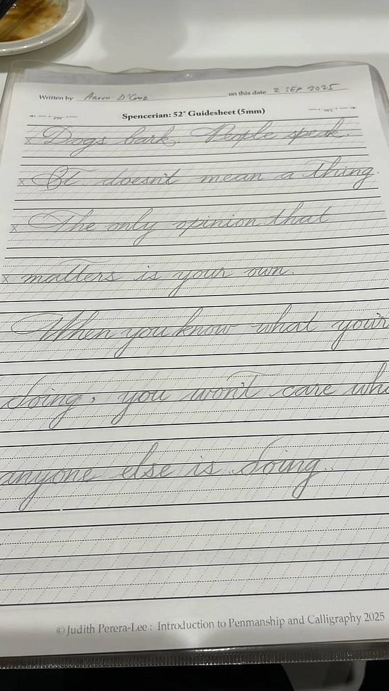 A calligraphy assignment is displayed on a lined guide sheet with elegant handwriting.