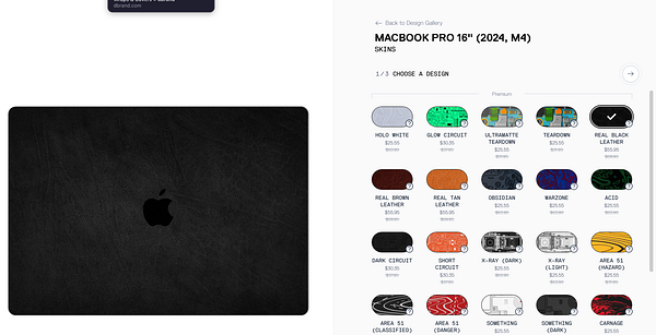 The image features a sleek black leather skin for a MacBook Pro alongside a selection of other skin designs.