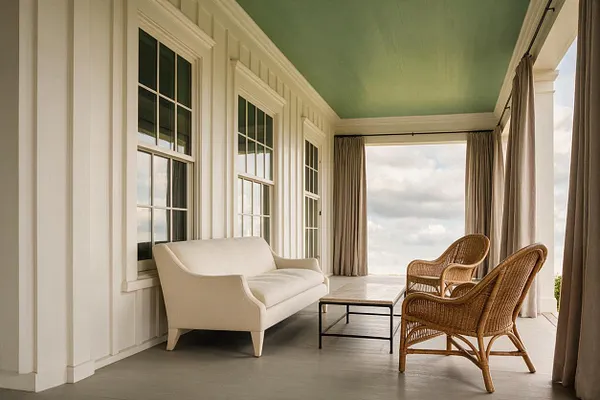 A spacious transitional front porch with a mint green ceiling, white paneled walls, and tall windows. The porch is furnished with a cream upholstered loveseat, two woven wicker chairs, a low rectangular coffee table, and floor-length taupe curtains framing the open view.