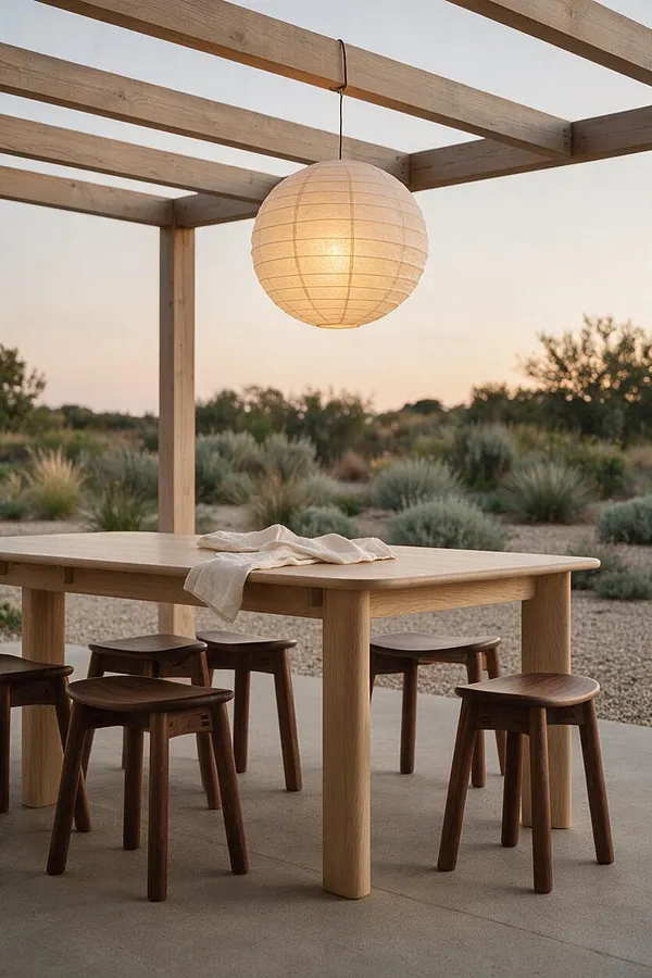 An outdoor dining terrace in Japandi style features a light oak table with dark wooden stools beneath a simple pergola. A round paper lantern glows softly overhead, while a neutral cloth rests on the tabletop and a desert landscape stretches into the background.