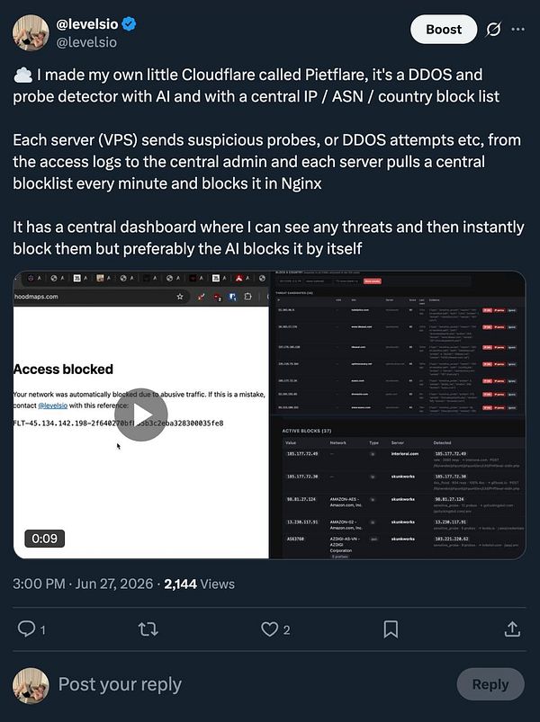 Screenshot of a Twitter status update showing a tweet by levelsio about launching Pietflare, a mini Cloudflare project with the hashtag #error2telegram.