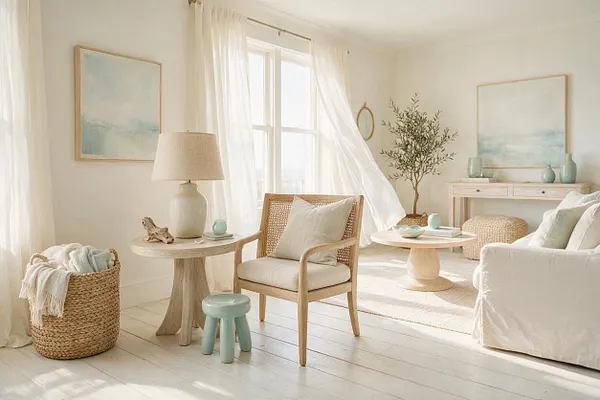 A bright studio apartment living area styled in a coastal palette, with white walls, sheer curtains, and light wood and woven furniture. The room includes a slipcovered sofa, cane armchair, round pedestal tables, pastel blue accents, and abstract ocean-inspired artwork.
