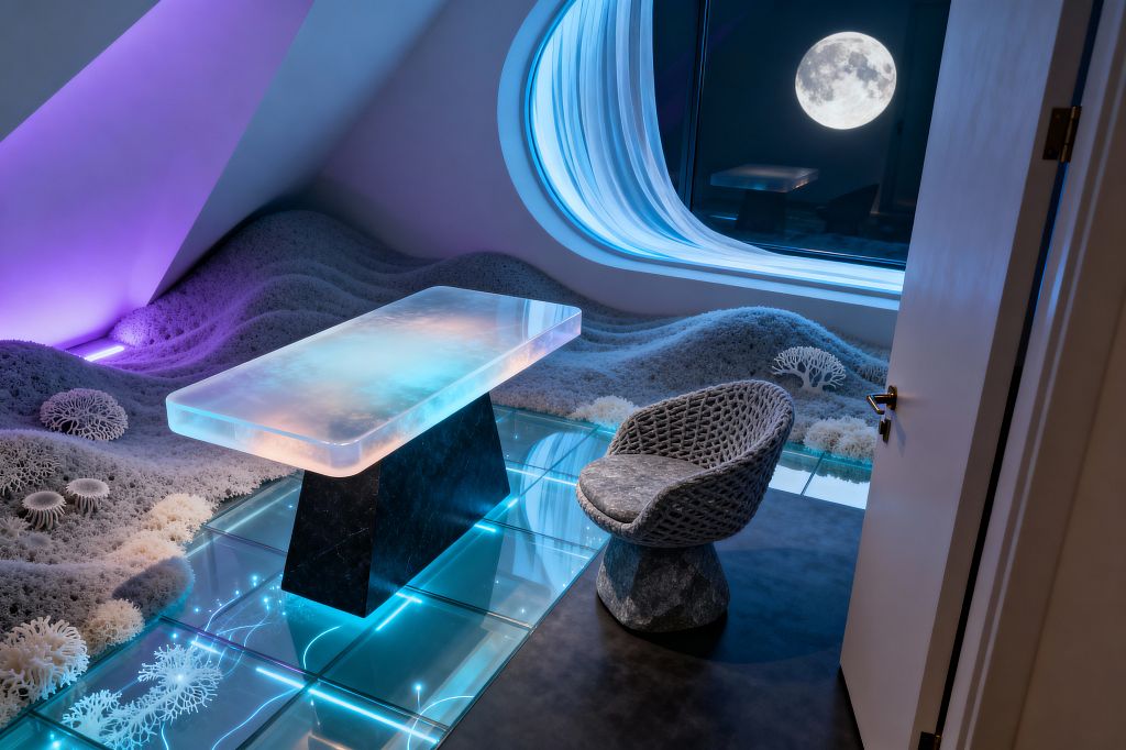 Futuristic home office with a glowing translucent desk on a black stone base set over a glass floor lit by cyan lines. A gray woven chair on a stone pedestal faces a large curved window with a full moon view, while undulating pale gray, felt-like terrain and white coral sculptures line the walls under purple and blue LED lighting.