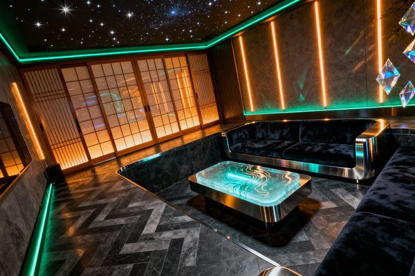 A cyberpunk-inspired living room features a sunken lounge with deep navy velvet sofas framed in polished chrome around a glowing aqua resin coffee table. Dark gray herringbone stone floors, concrete-look walls with vertical amber LED strips, a green cove-lit perimeter, backlit shoji sliding doors, prismatic geometric pendants, and a fiber‑optic star ceiling create a dramatic, futuristic atmosphere.