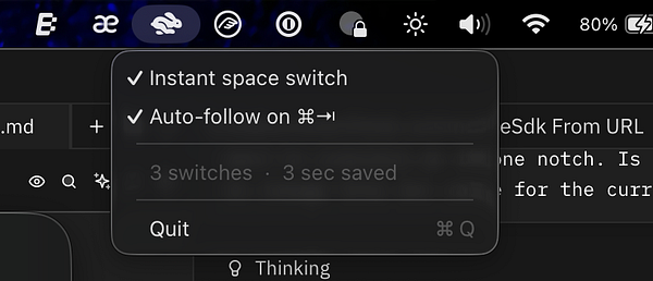 Screenshot of a Mac OS terminal with an installation command and a results output showing the time saved per desktop switch using noswoop.