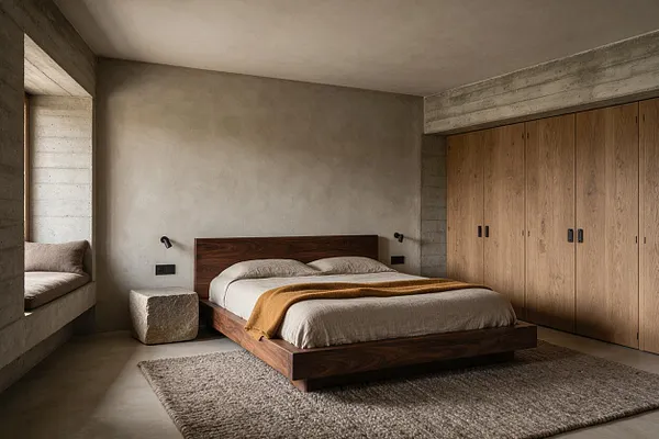 A minimalist master bedroom with a low walnut platform bed, beige bedding, and a mustard throw centered against smooth concrete walls. Built-in concrete-framed seating and light wood wardrobe doors add to the warm Brutalist style.