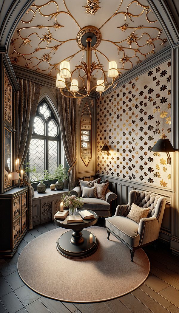 A cozy reading nook within a modern home featuring a cinquefoil motif on a decorative wallpaper that accents the space beautifully, complemented by gothic-inspired furniture pieces.