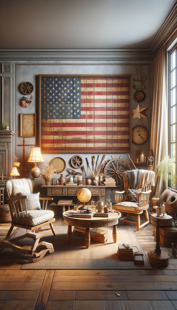 A cozy living room with Americana decor, including a vintage American flag, rustic wooden furniture, and antique decorative items that evoke a sense of American history and culture.