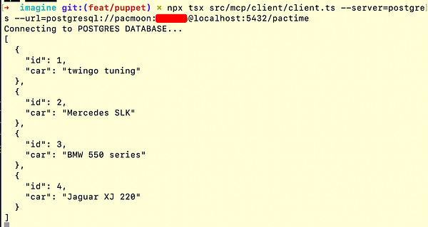 The image displays a terminal interface showing a connection to a PostgreSQL database and a list of car entries.