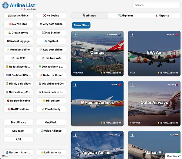 Screenshot of a web page titled "Airline List" displaying a list of airlines and their corresponding codes and anchors.