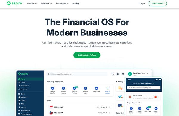 The image displays the Aspire platform's user interface, showcasing its features for managing business finances.