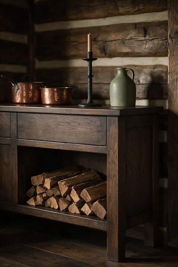 A rustic wooden console or sideboard sits against a log wall, topped with copper pots, a black candlestick, and a muted green jug. The open lower shelf is neatly stacked with split firewood, reinforcing the warm, cabin-like feel.