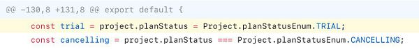 The image shows a code snippet highlighting modifications in JavaScript code related to project plan status.