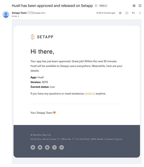 An email notification confirming the approval and release of the app 'Hustl' on Setapp.