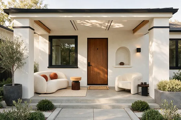 A modern front porch with smooth white stucco columns, a flat roof, and black-trimmed windows framing a wood front door. The seating area includes rounded cream lounge chairs, a small side table, neutral rugs, and sparse greenery in planters, creating a calm and inviting entryway.