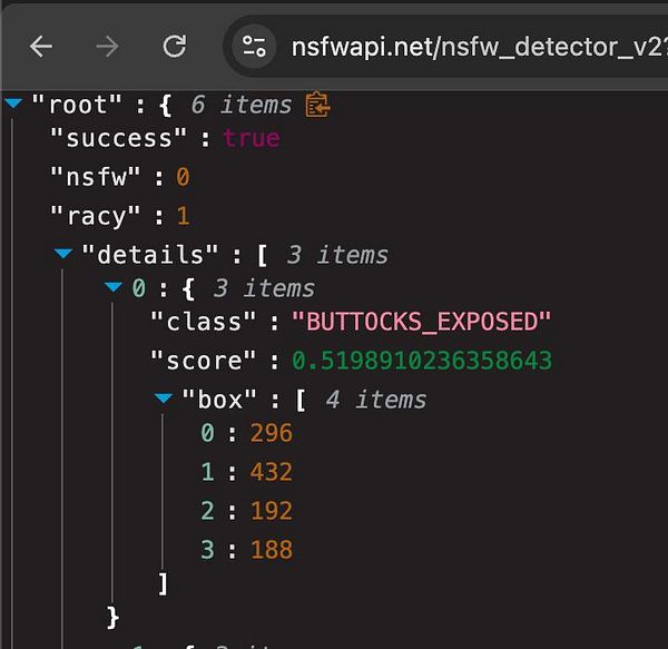 The image displays a JSON response from an NSFW detection API.