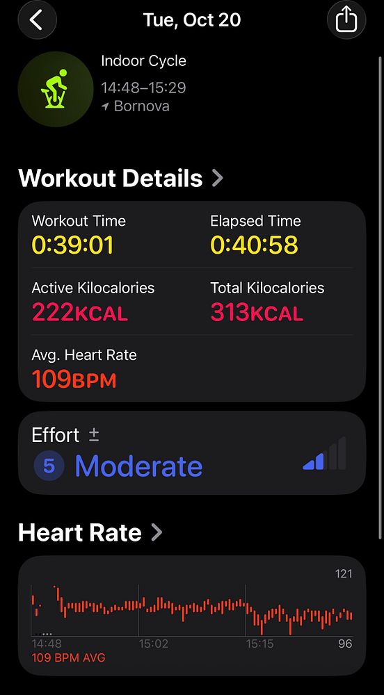 Fitness tracking details for an indoor cycling workout on October 20.