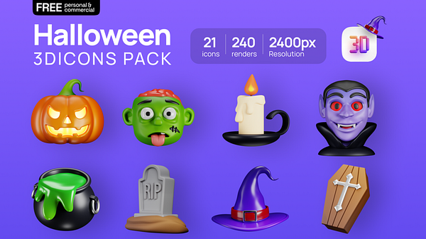A colorful graphic showcasing a collection of Halloween-themed 3D icons.