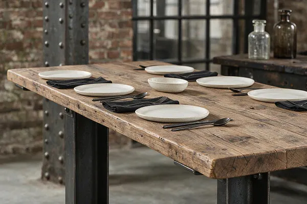 A rustic industrial dining table with a thick reclaimed wood top and black steel legs sits in a loft-like space. The table is set with white ceramic plates, dark folded napkins, and black flatware, with brick walls and metal-framed windows in the background.