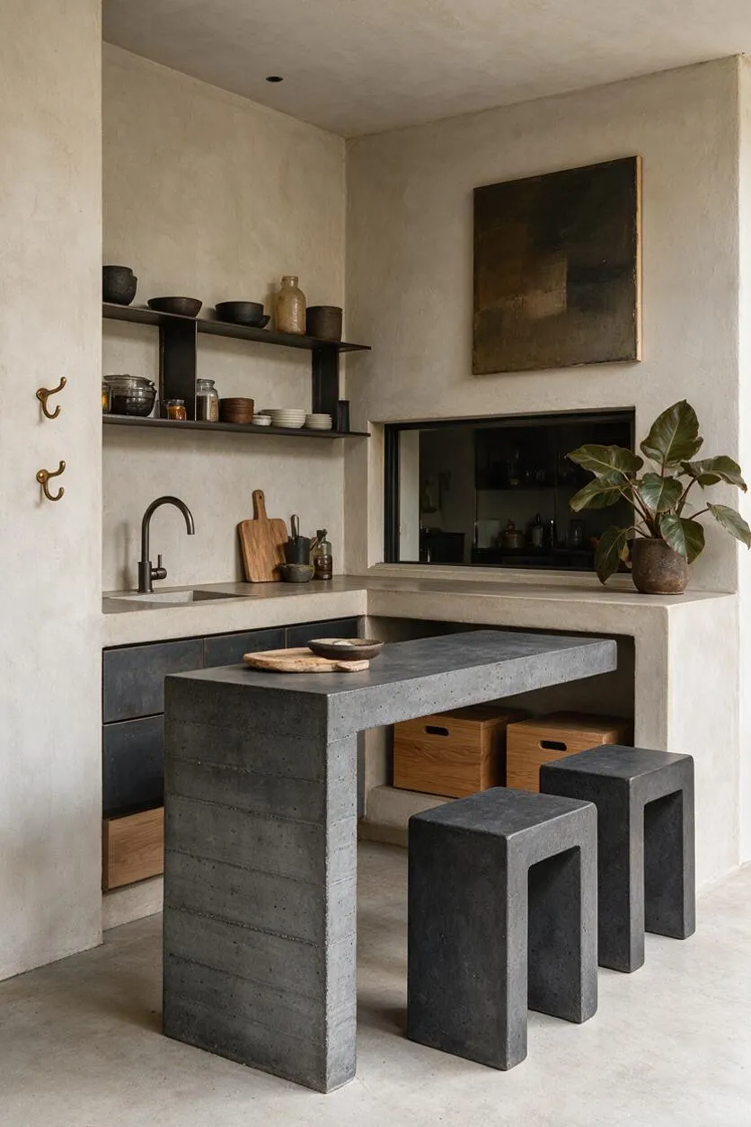 A compact backyard kitchen nook with rough plaster walls, a concrete table, and two dark concrete stools. Open shelves hold ceramic bowls and jars, while a small sink, wooden cutting boards, a potted plant, and a muted abstract painting soften the stark Brutalist look.