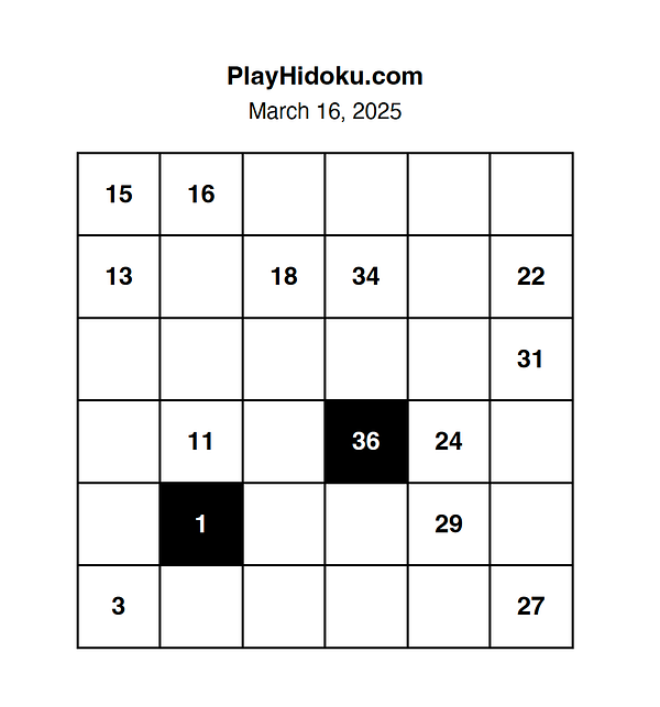A Hidoku puzzle grid with specific numbers filled in and some cells marked in black.