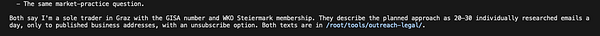 Screenshot of a terminal window showing a text conversation about market-practice and marketing law compliance between a sole trader in Graz and legal references.