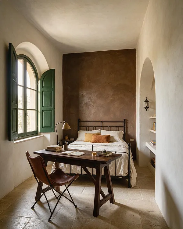 A narrow Mediterranean-style kids' room with white plaster walls, a tall arched window with dark green shutters, and a textured brown accent wall behind a black metal bed. A dark wood desk with a leather folding chair sits in the foreground, while small built-in wall shelves and a lantern-style sconce add charm.