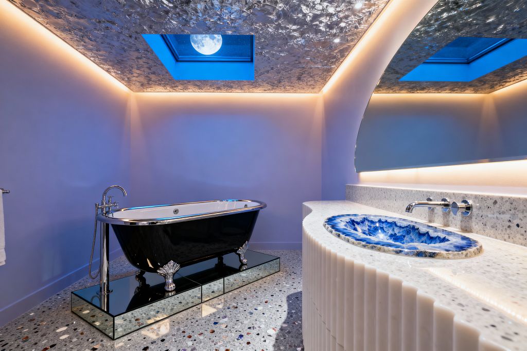 A vintage-glam bathroom features a glossy black claw-foot tub on a mirrored base with chrome fixtures against lavender walls. On the right, a curved fluted vanity with a speckled terrazzo countertop holds a vivid blue agate basin beneath an asymmetrical backlit mirror; a terrazzo floor with multicolored chips extends across the room, while a textured silver-leaf ceiling with two skylights and warm cove lighting casts a dramatic, moonlit glow.