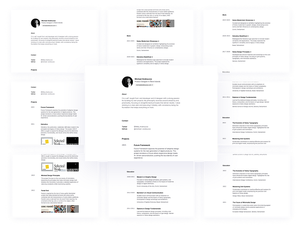 The image displays a professional portfolio layout for a designer named Michael Andreuzza, showcasing his work, projects, and education.