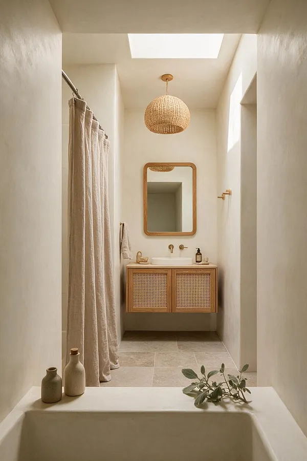 A narrow Organic Modern bathroom with creamy plaster walls, a woven rattan pendant light, and a floating wood vanity with cane-front doors beneath a rounded mirror. A linen shower curtain hangs on the left, light stone tile covers the floor, and a skylight brings soft natural light into the calm neutral space.