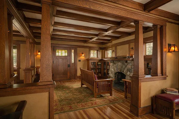 A Craftsman-style entryway with rich wood trim, exposed ceiling beams, and a paneled front door with small stained-glass windows. The space includes a stone fireplace, built-in shelving, a patterned area rug, and warm wall sconces, creating a cozy, handcrafted atmosphere.