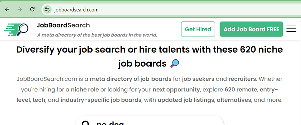 The image displays a webpage for JobBoardSearch.com, highlighting its services for job seekers and recruiters.